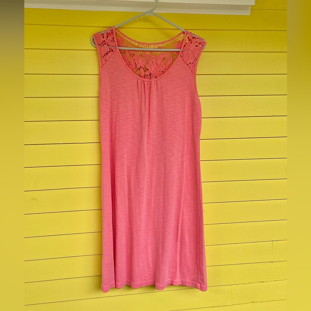 Tommy Bahama Coral Peach Melon Crochet Lace Detail Dress, LG, EUC, Soft Feminine